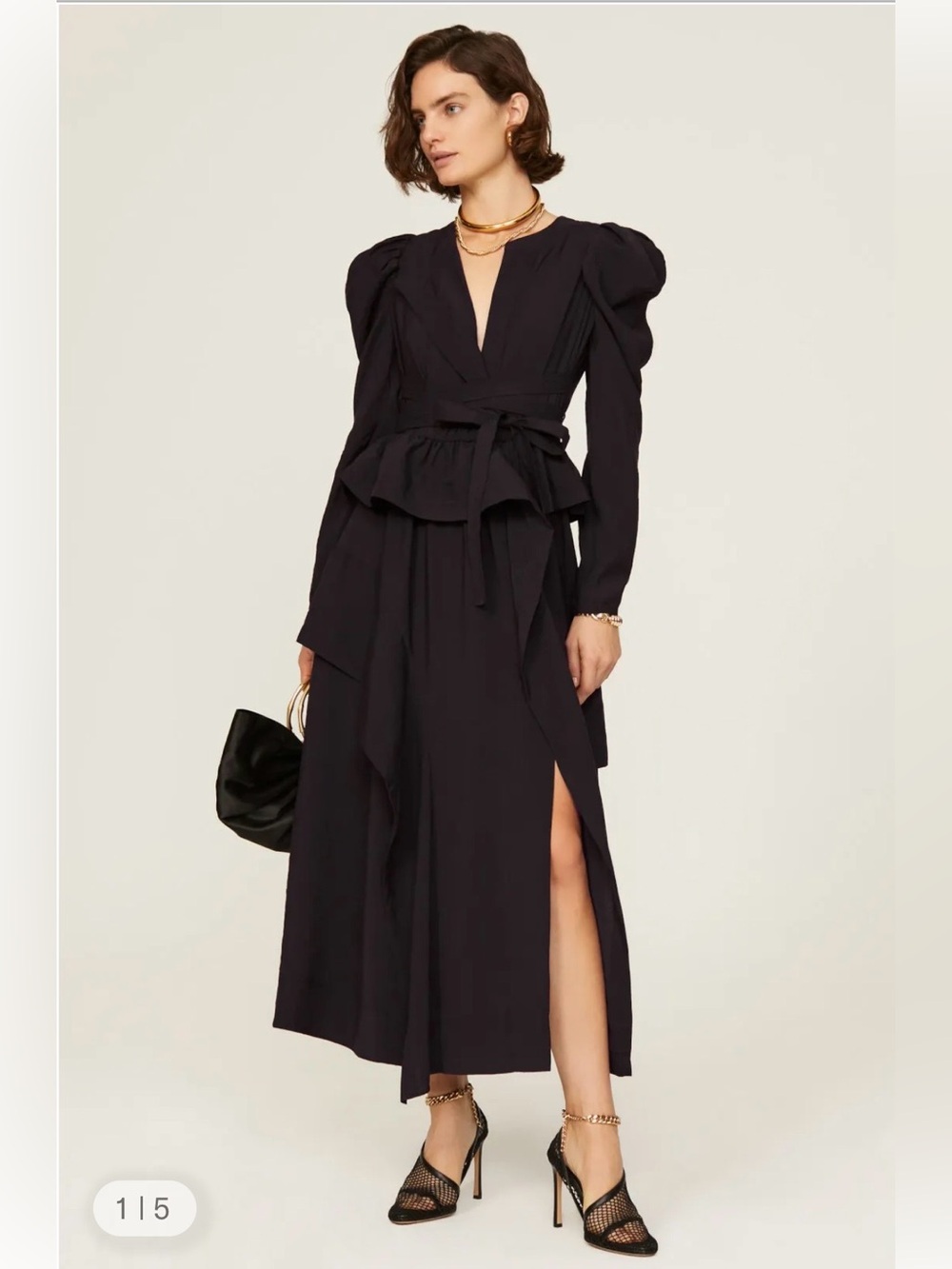 ULLA JOHNSON Virginie Black Belted Maxi Ruffle Dress Puff Sleeve Size 6 $725 - Picture 1 of 12